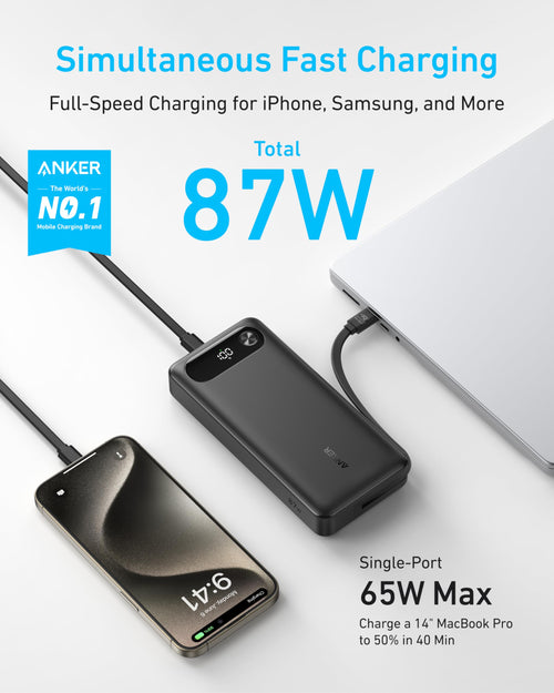 Anker 20,000mAh Power Bank 87W – Built-In USB-C Cable, Charges MacBook & iPhone Fast