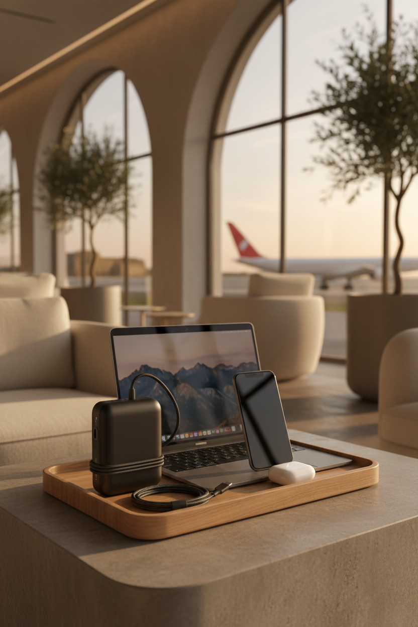 Anker 20,000mAh power bank on a wooden tray next to a MacBook and iPhone in an airport lounge