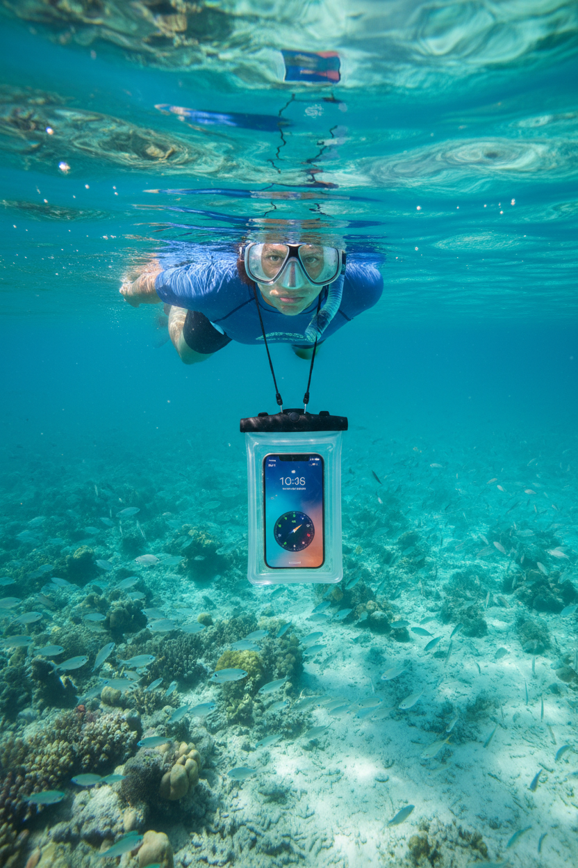 Waterproof phone pouch worn around neck while snorkeling in crystal clear turquoise water