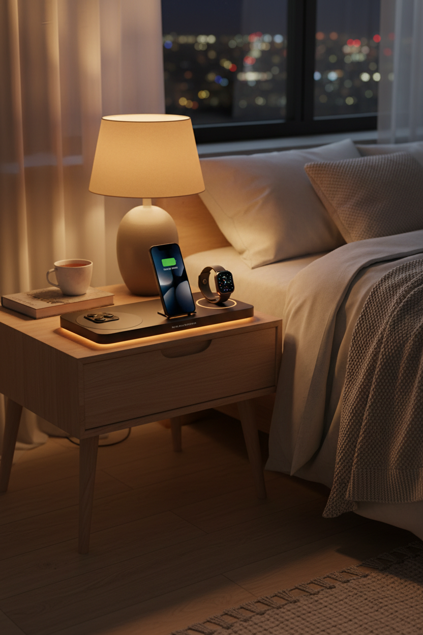 4-in-1 wireless charging station glowing on a modern bedside table charging iPhone, Apple Watch and AirPods