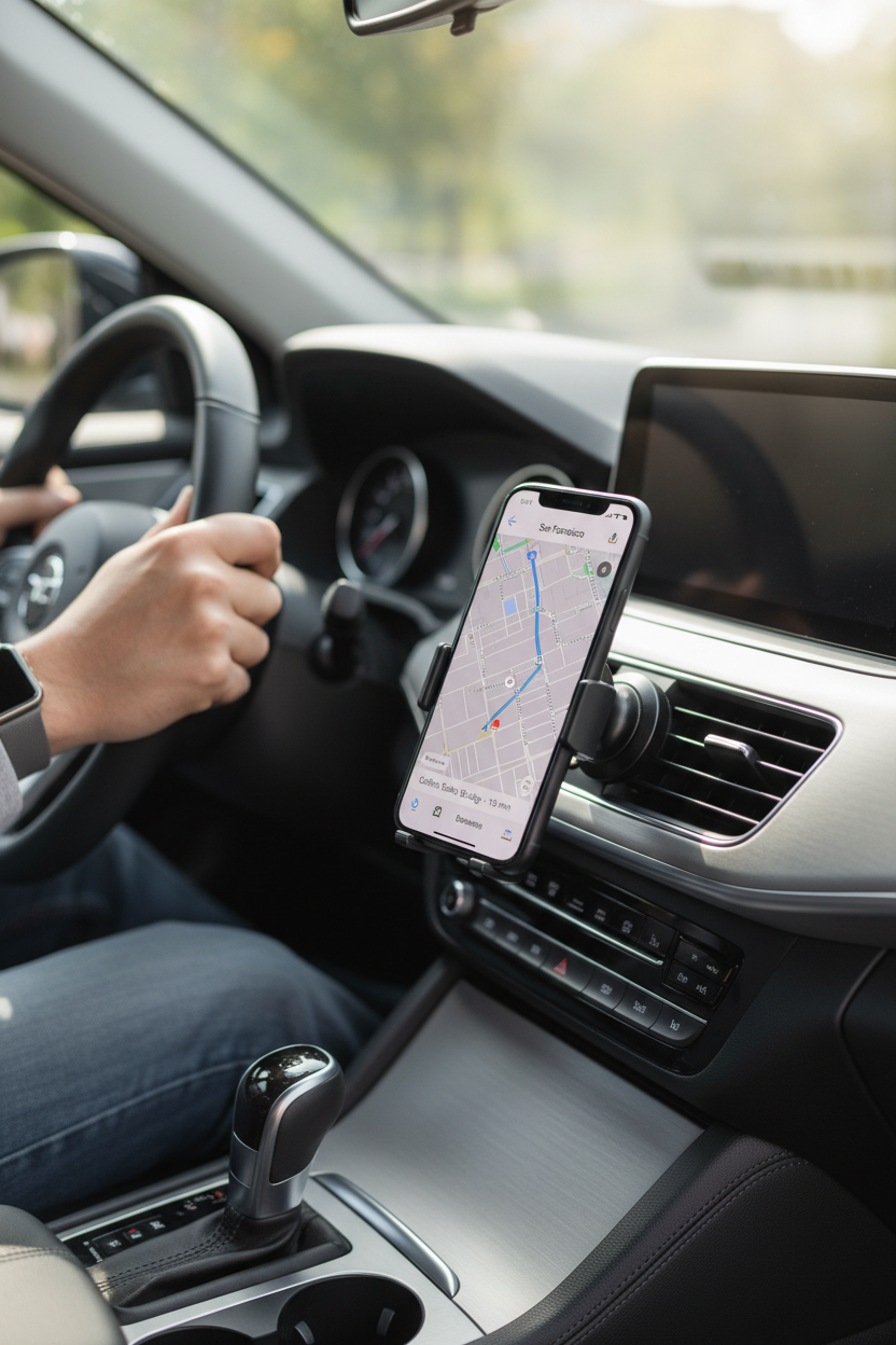 Magnetic car phone holder on air vent showing Google Maps navigation, driver's hands on steering wheel