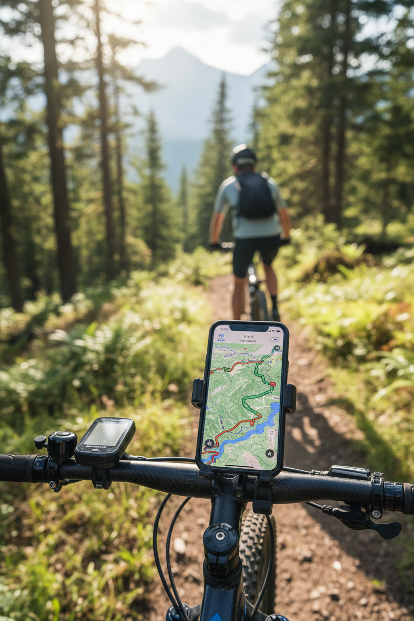 ROCKBROS bike phone mount holding iPhone on mountain bike handlebar on a scenic forest trail