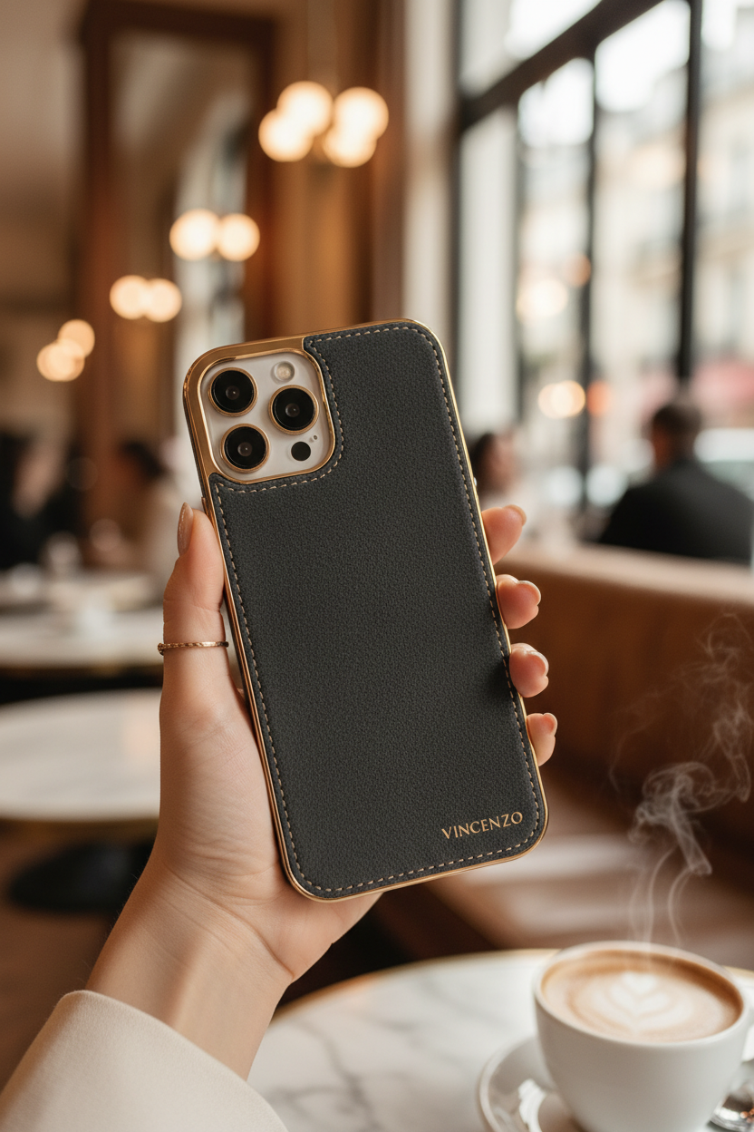 Luxury iPhone 17 Alcantara case held in a woman's hand at an upscale cafe