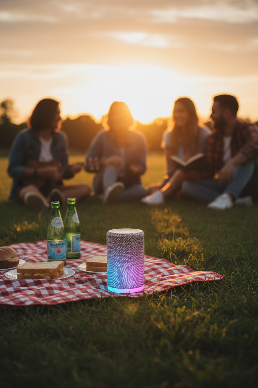 Portable Bluetooth speaker with ambient breathing light on a picnic blanket at sunset with friends in the background