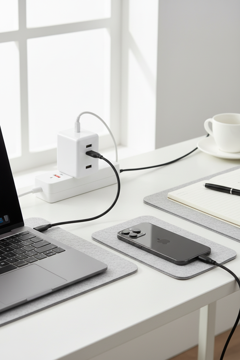 Anker 65W GaN wall charger on a clean desk charging a MacBook Pro and iPhone